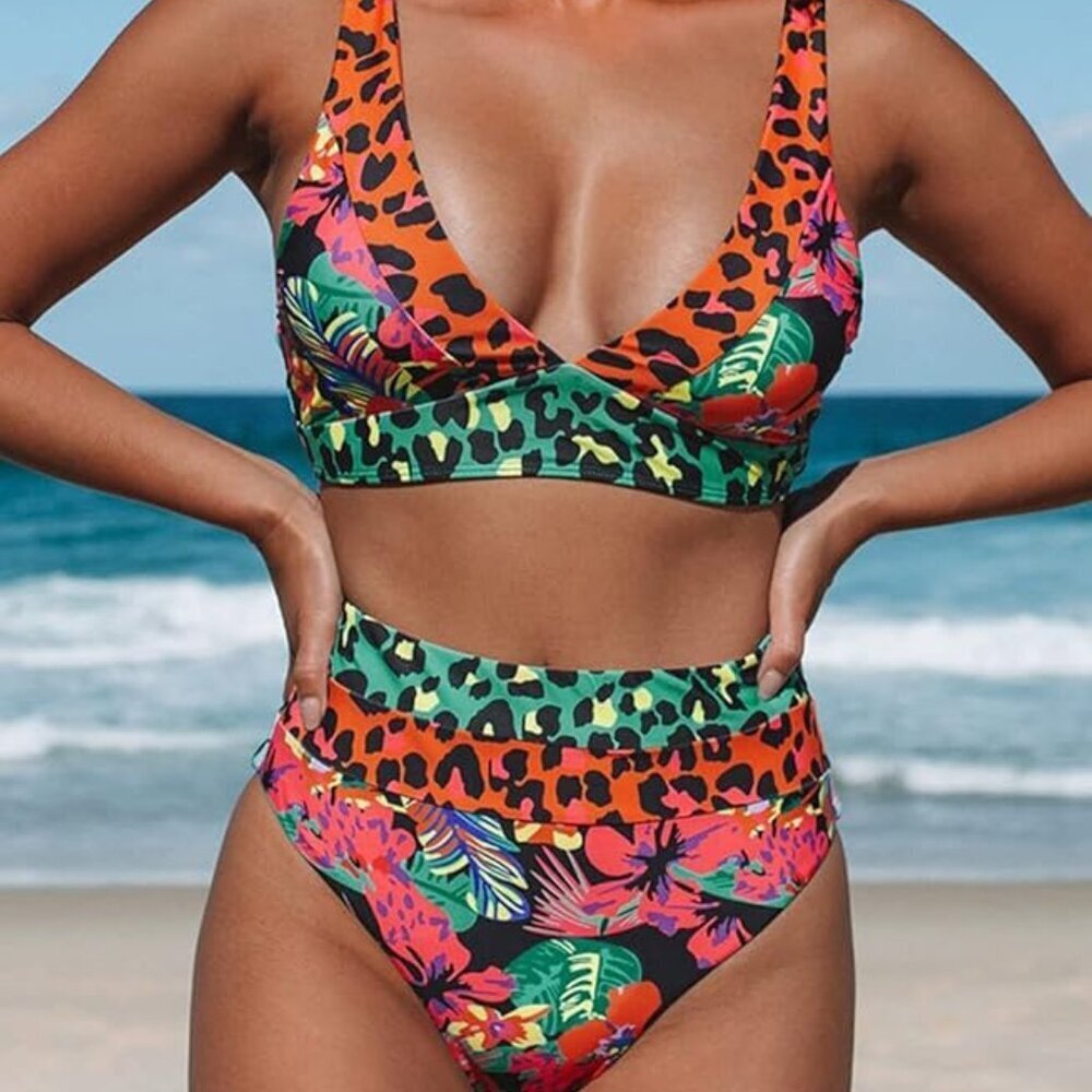 Hilinker Women's Leopard Bikini Swimsuits V Neck High Waisted 2 Piece